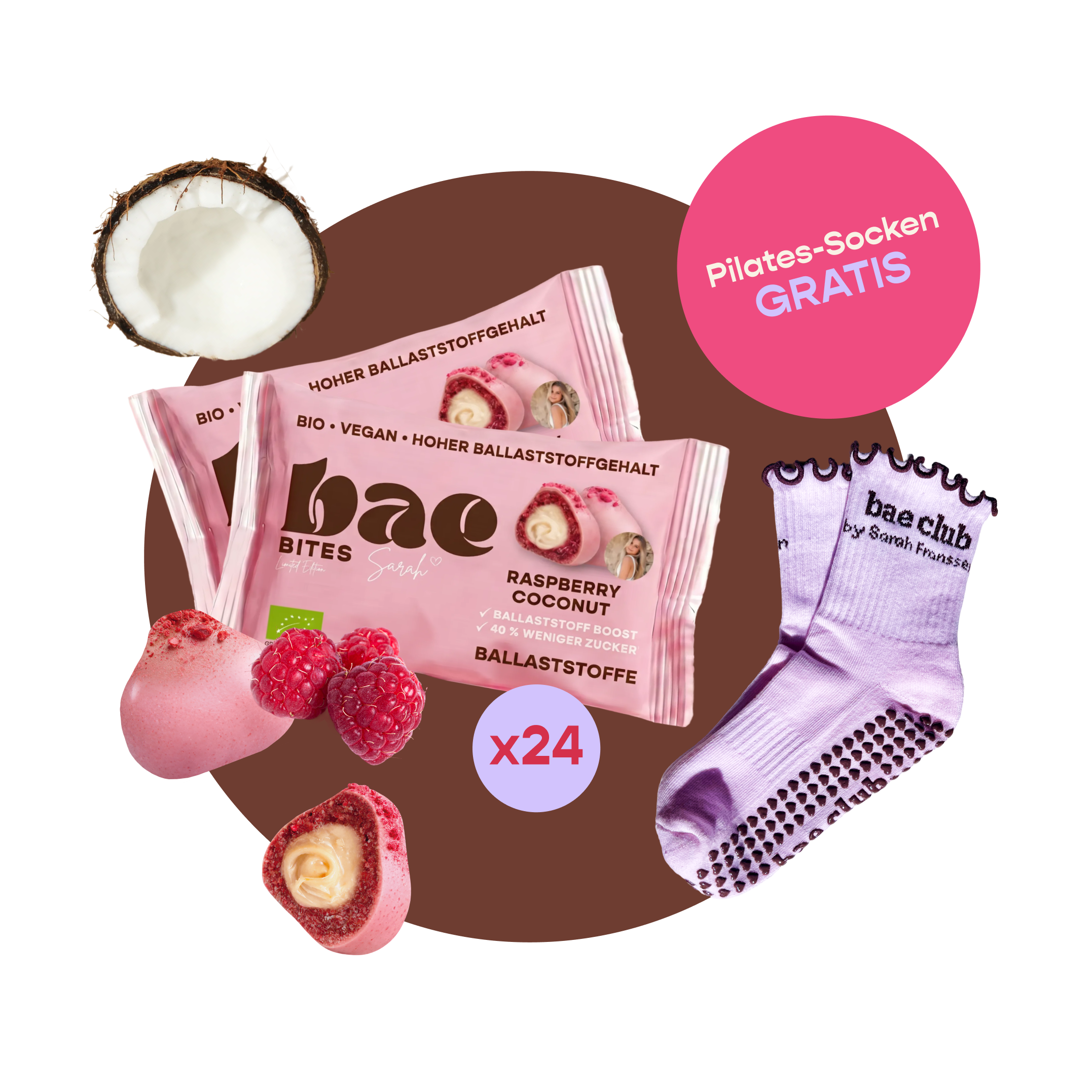 Bio-Snack Bundle Raspberry Coconut x Sarah Franssen + Pilates Socken
